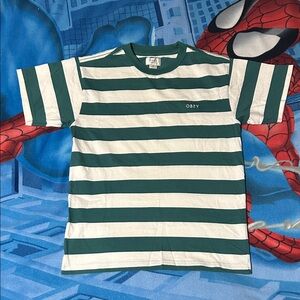 ORGANIC COTTON | OBEY Green & White Striped Embroidered Tee Shirt